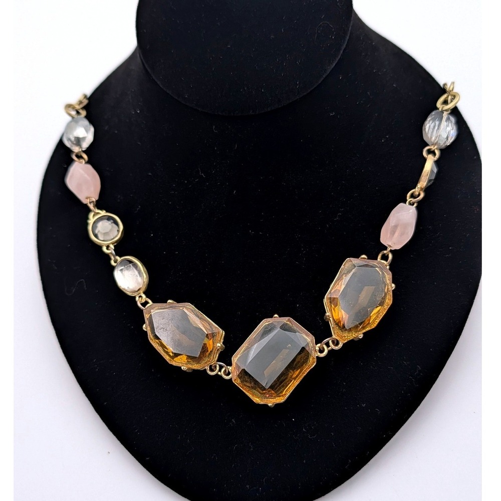 Antique Gold Tone Amber Pink Crystal Statement Bib Necklace Adjustable 20 Inch